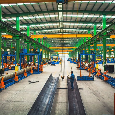 Steel monopole fabrication shop floor